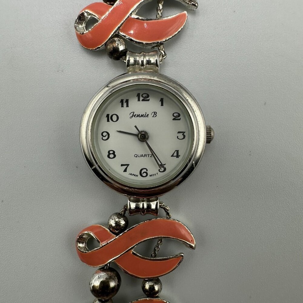 Vintage Jennie B Watch Women Silver Pink Ribbon Band Breast Cancer Awareness